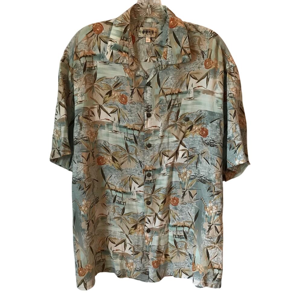 Campia Shirt Mens Hawaiian Tropical Summer Vacation Palm Tree Boat Sea Size XL